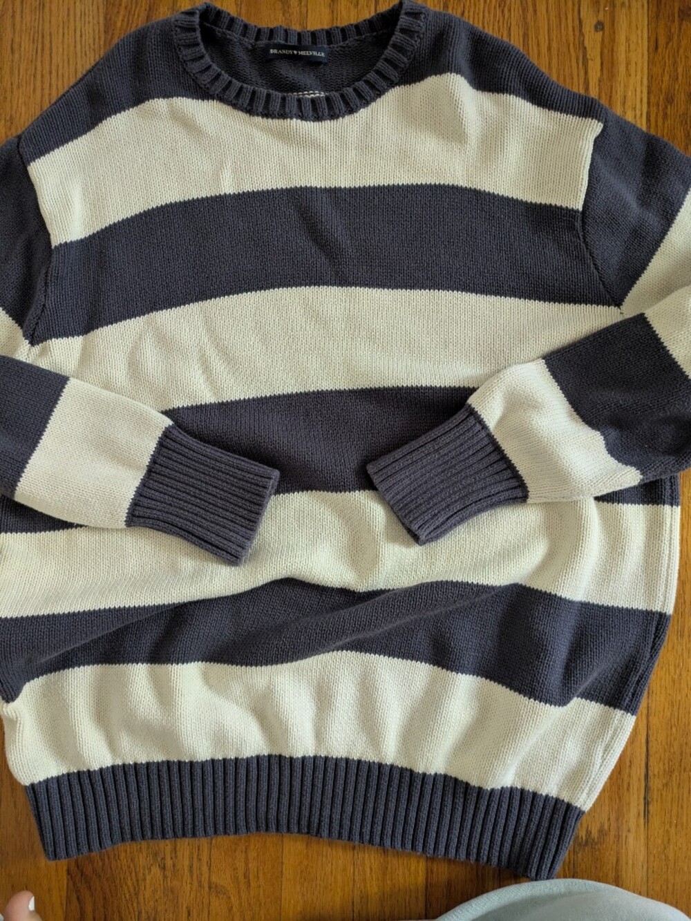 Brandy Melville Navy and Cream Striped Crewneck Sweater